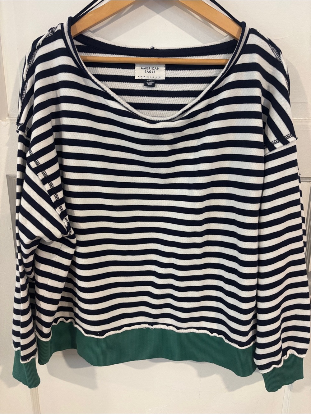 NWOT American Eagle Outfitters Navy & White striped sweatshirt with green edges